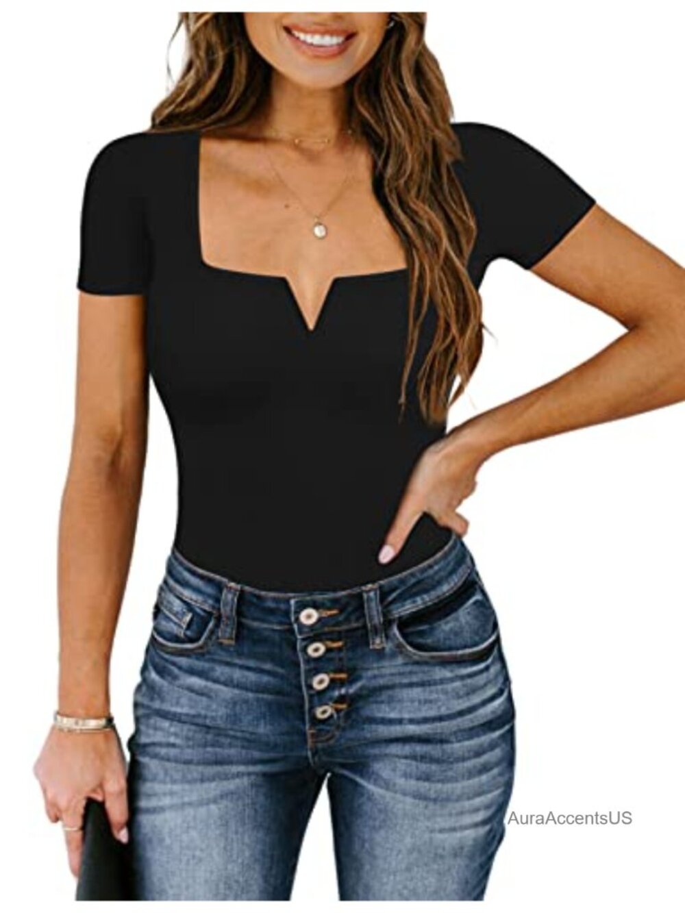 Women's Square Neck Bodysuit Thong Bottom Double Lined Slim Fit Short Sleeve - Picture 2 of 6